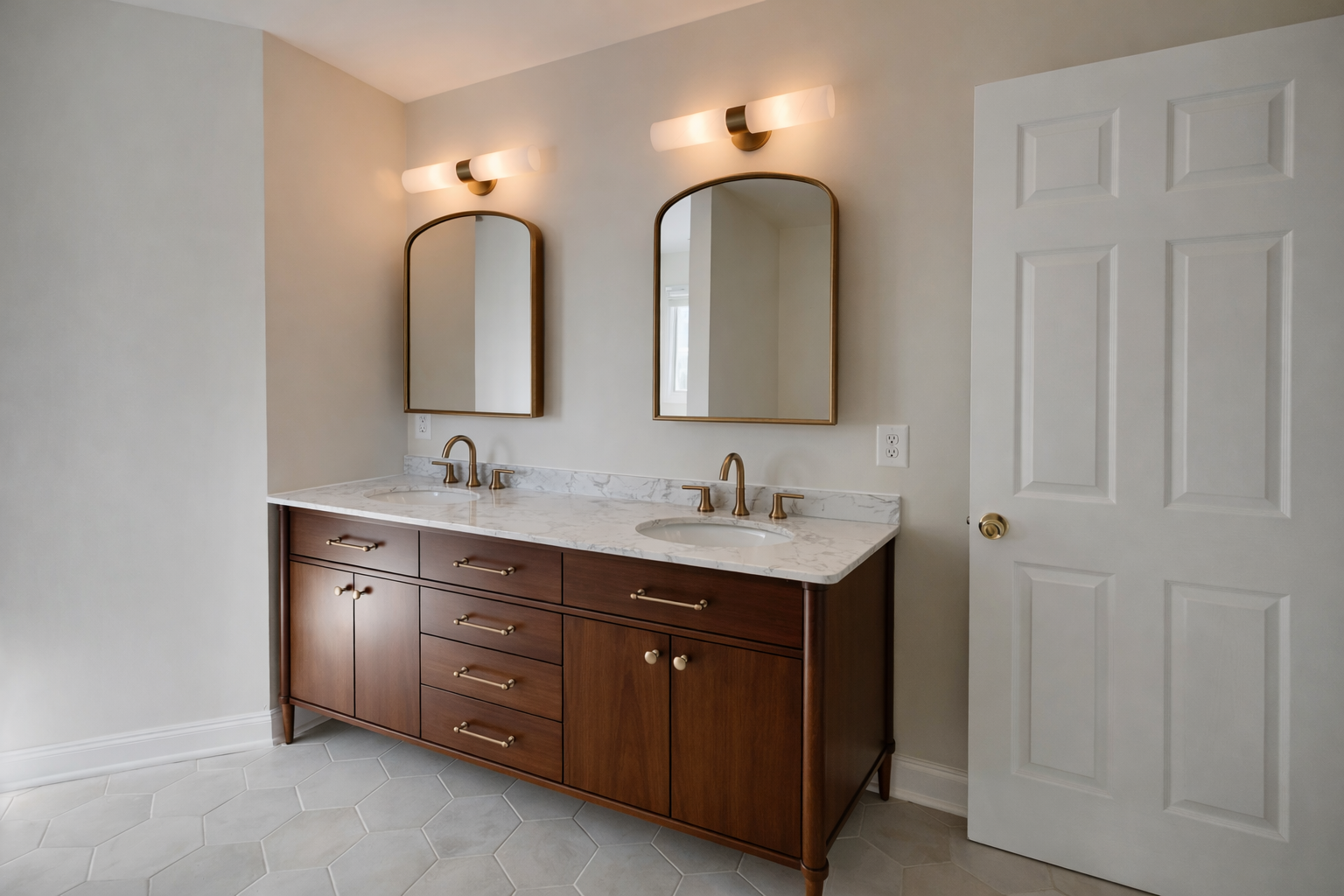 Bathroom vanity with dual sinks, gold fixtures, and arched framed mirrors