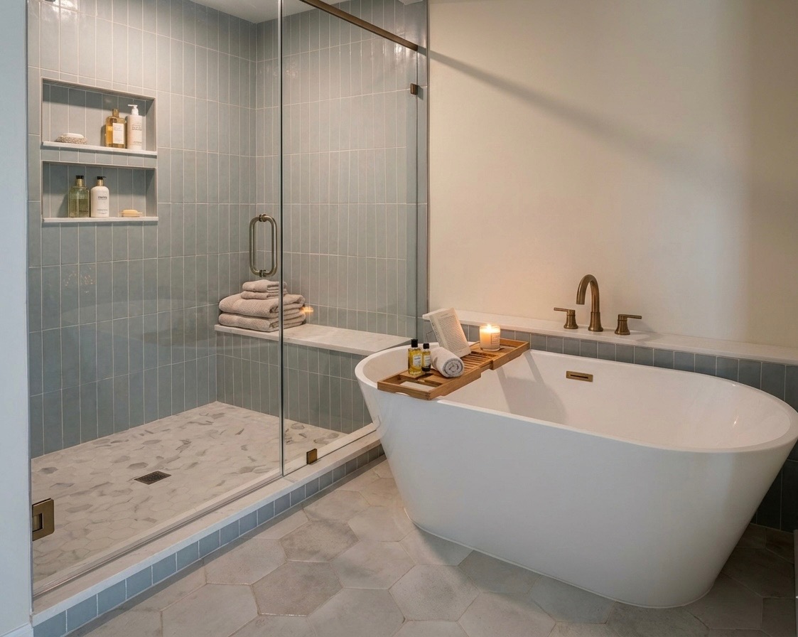 Luxury bathroom remodel with freestanding soaking tub and tiled walk-in shower